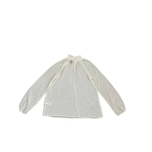 Sheer White Polka Dot Long Sleeve Blouse With Smocked Neckline M - Picture 2 of 7